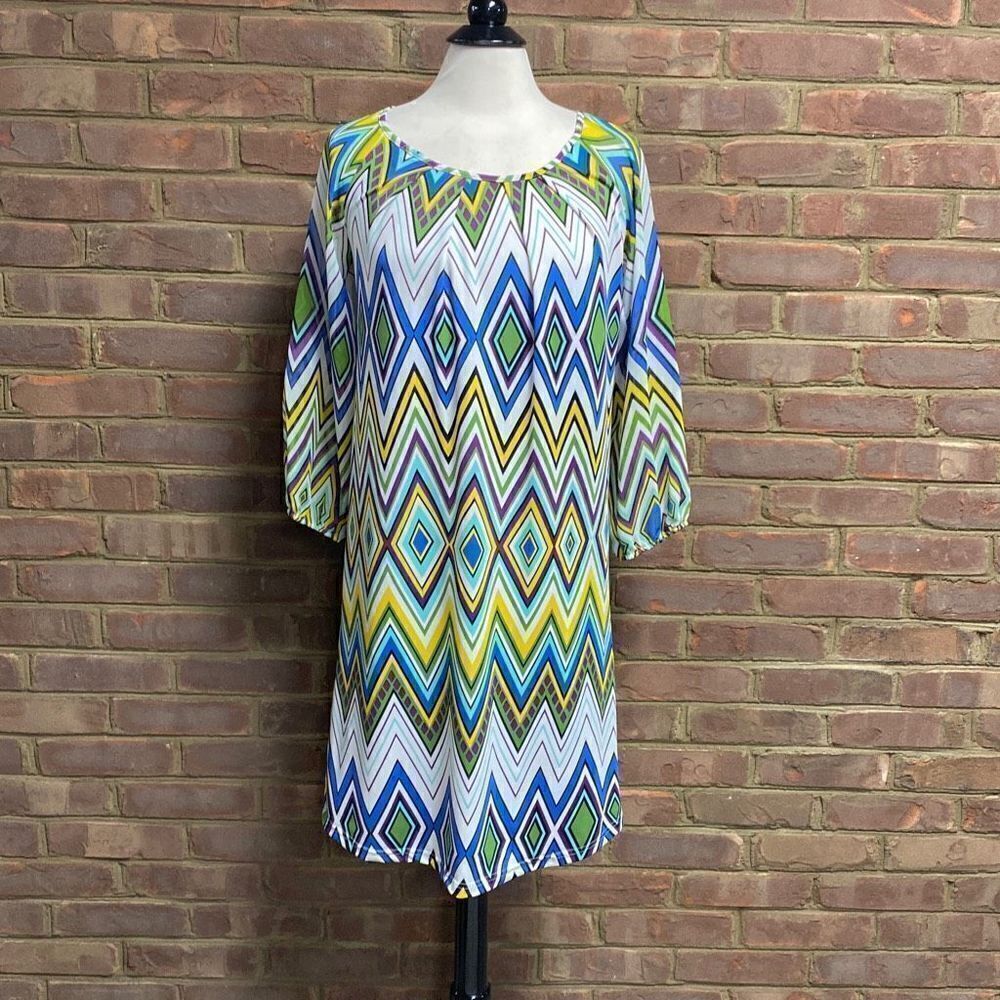 Voir Voir Multi Color Pleated Neck Dress Size 8 - Picture 2 of 7